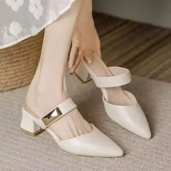 Baotou thick heel semi-cool slippers women s summer outer wear summer new fashion lazy shoes shoes 35 абрикосовый