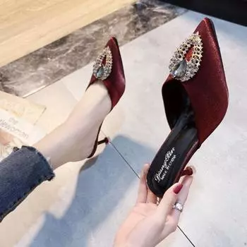 Baotou women s slippers outer wear 2025 new spring and summer Korean version versatile rhinestone buckle high heels pointed stiletto sandals 35