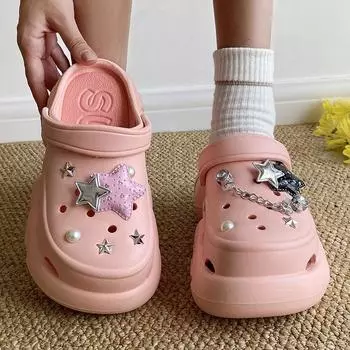 Baotou, женская обувь с дырочками, новинка 2024 года, летние уличные пляжные тапочки, противоскользящая толстая подошва, женские сандалии с дырочками Baotou DIY 38-39 (23.5-24cm) фиолетовый