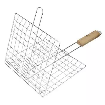 Barbecue Grilling Reusable Meat Fish Clip Holder Wooden Handle Stainless Steel Grill Mesh Foldable BBQ Grill Mat Grilling Basket