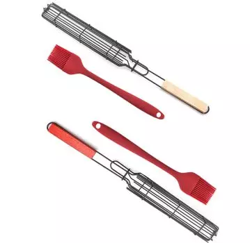 Barbeque Baskets BBQ Wooden Handle Sausage Grill Clips Small Corn Mesh Clips Vegetable Hot Dog Grill Basket for Outdoor Grilling светло-желтого
