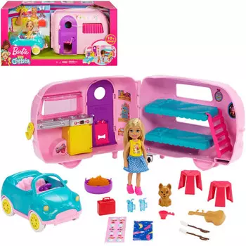 Барби [Только онлайн] Челси и веселая походная гитара, а также набор симпатичных машинок и трейлеров (с куклой) [Кукла-наряд] [от 3 лет] FXG90