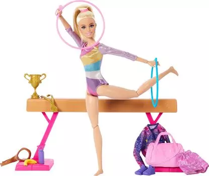 Barbie Career Playset Gymnastics Set Blonde Gymnastics Fashion Doll C Clip for Flip Action Balance Beam Warm Up Suit Accessories &