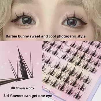 Barbie Cartoon Eye False Eyelashes - Natural Black Thin Stem Clusters for Beginners