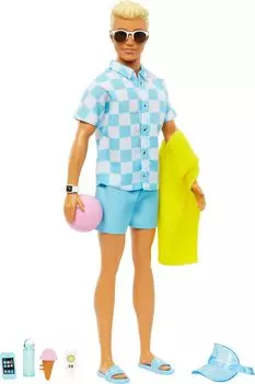 BARBIE Ken Blonde Puppe mit blauem Hemd und und Wasserball kreatives Kinder ab 3 HPL74 - Badehose, Strand-Accessoires fr Spielen, fr Jahren,