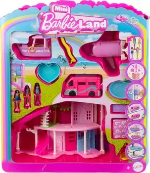 Barbie Mini Barbie Land Dream House and Vehicle Set с 4 микрокуклами, кукольный домик, самолет, кемпер, круизер, от 6 лет, розовый JDB86, кукольный домик
