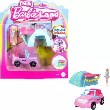 Barbie Mini Barbie Land Jeep с 1 микро кукольной мини-машиной для детей от 6 лет и старше, розовый HYF43, кукольный домик