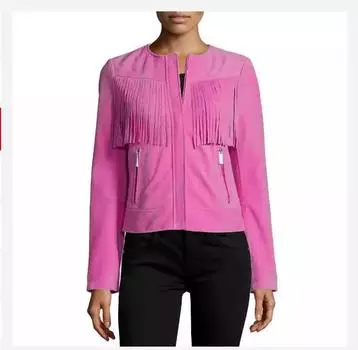 Barbie Party Pink Handmade Fringe Leather Suede Women Motorcycle Lambskin Jacket XS розовый