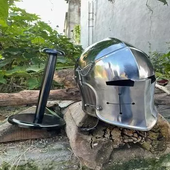 Барбютный шлем, рыцарский носимый шлем для ролевых игр, стальной шлем с подкладкой и ремешком на подбородке, мужской подарок с подставкой, подарок мужу, подарок на Хэллоуин