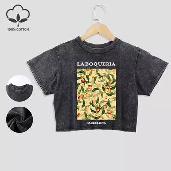 Barcelona Fresh Peaches Cotton Washed T-Shirts Trend Summer Lace Hem Crop Tops Regular Fit O-Neck Short Sleeve Casual Clothes M