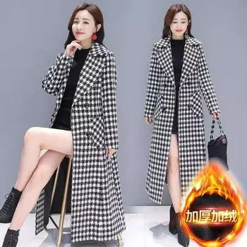 (бархат) 2024 новое клетчатое шерстяное пальто женское длинное тонкое темпераментное модное клетчатое пальто с рисунком в виде тысячи птиц M