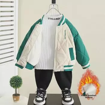 Бархатная бейсбольная куртка для мальчиков 2023 года: Зимний толстый хлопковый топ 140cm