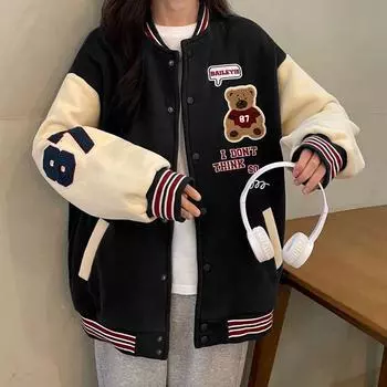 Бархатная бейсбольная куртка для пары с изображением медведя осень/зима 2024 года — модная и свободная посадка для студенток в гонконгском стиле XL