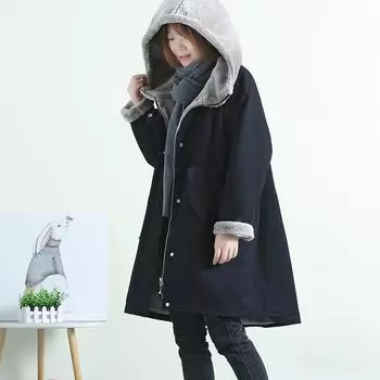 бархатная хлопковая подкладка женская средняя и длинная зимняя новая корейская версия свободная и утолщенная с капюшоном одежда большого размера на хлопковой подкладке M 90-60 kg чёрный