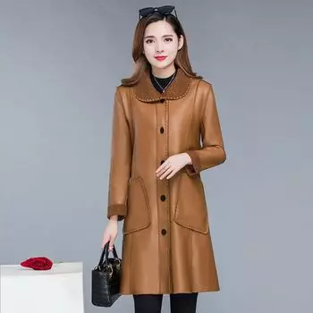 Бархатная кожаная куртка для женщин, женская кожаная куртка средней и длинной длины, кожаная куртка больших размеров для женщин XL