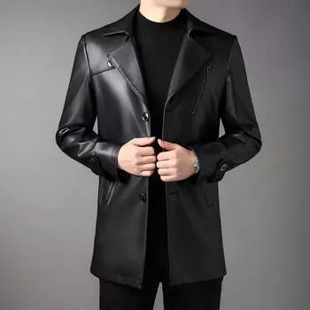 Бархатная кожаная куртка средней длины для мужчин осенью и зимой Классическая модная однобортная мужская кожаная куртка с воротником