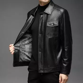 Бархатная мужская кожаная куртка, модная мотоциклетная кожаная куртка для молодых мужчин, однотонная ветрозащитная кожаная куртка с красивыми лацканами, зимнее пальто 170