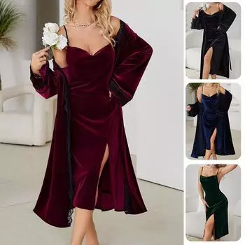 Бархатная ночная рубашка с V-образным вырезом и длинными рукавами, сексуальная шелковая ночная рубашка с разрезом на спине и простой комплект халатов XS Camisole*1 чёрный