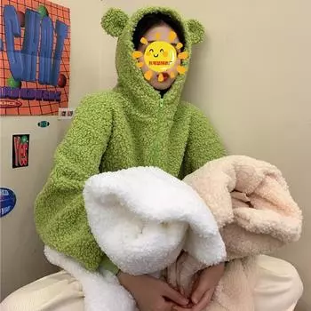 Бархатная овечья шерсть осень и зима новый смешной милый пальто с медвежьими ушками студентка свободная молния с капюшоном толстовка женская одежда One size