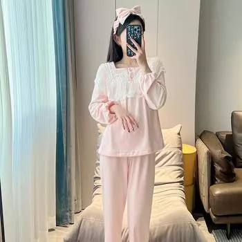 Бархатная пижама для женщин, осень-зима, новый комплект с длинными рукавами и брюками, милый стиль, кружевной пуловер с лацканами, пижама, ночная одежда, домашняя одежда M