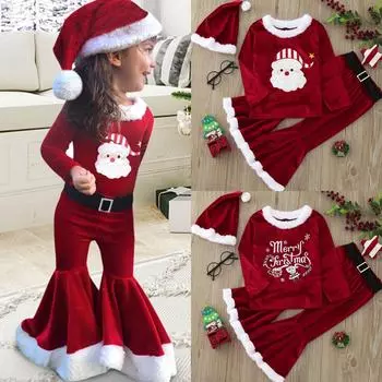 Бархатная плюшевая рубашка Санта-Клауса для маленьких девочек + брюки-клеш + шапка, рождественско-новогодняя одежда для детей 1-7 лет 80 белый