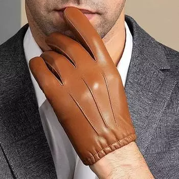 Бархатная подкладка мужские деловые перчатки из овчины кожаные зимние перчатки с полным пальцем для сенсорного экрана коричневые перчатки для езды на мотоцикле M светло-коричневого