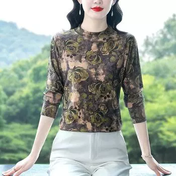 Бархатная принтованная базовая рубашка для женщин на зиму, новый длинный рукав, топ, пуловер, универсальная футболка для мам M