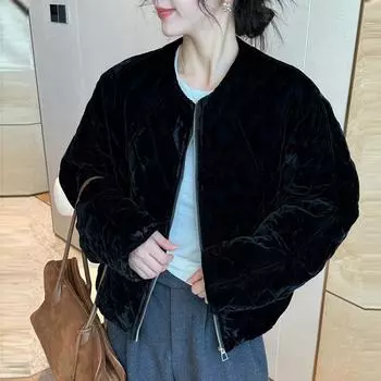 Бархатная ромбовидная хлопковая одежда женская 2025 зима новая свободная и тонкая маленькая хлопковая куртка топ модный M чёрный