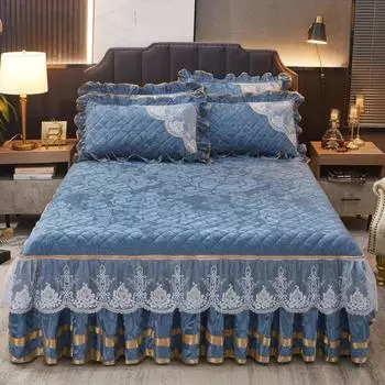 Бархатная съемная стеганая юбка-кровать, кружевное утепленное покрывало, осенне-зимний теплый наматрасник 150*200cm 3pcs