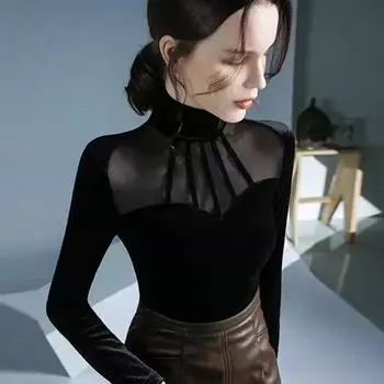 Бархатная сетчатая лоскутная черная футболка с длинными рукавами, нижняя рубашка для женщин, новая осенне-зимняя водолазка, пуловеры, топ S-6XL M чёрный