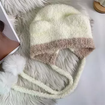 Бархатная шапка-пуловер с ремешком в виде медвежьих ушек, женская зимняя теплая вязаная шапка-бомбер для защиты ушей A9