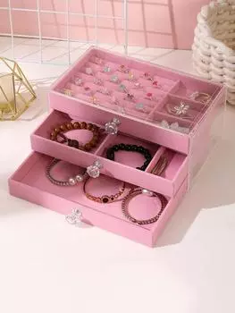 Бархатная шкатулка для драгоценностей с тремя ящиками, прозрачная шкатулка для драгоценностей, акриловая шкатулка для драгоценностей S розовый