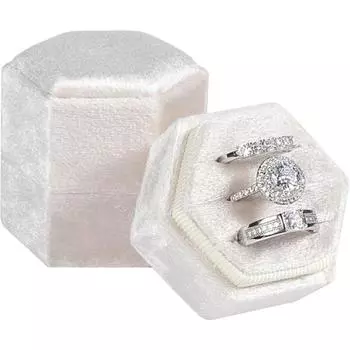 Бархатная шкатулка для колец, 3-слотовая шкатулка для обручальных колец, шестигранная шкатулка для обручальных колец, шкатулка для ювелирных колец премиум-класса для предложения руки и сердца, помолвки, свадебного дня, фотосессии невесты белый