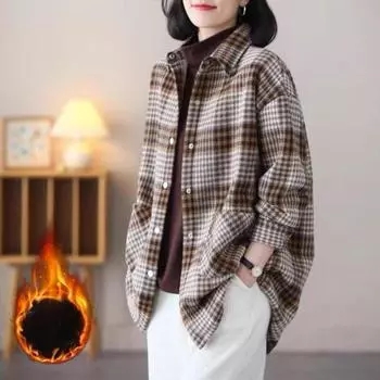 Бархатная теплая куртка для женщин Осенне-зимняя клетчатая рубашка для женщин Рубашка в стиле гранж для женщин Свободная M