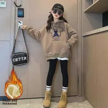 Бархатная толстовка с капюшоном для девочек, свободный крой, новинка осени/зимы 2022 г., тренд корейского стиля, цельный комбинезон для детей старшего возраста