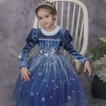 Бархатная юбка принцессы Эльзы для девочек - плотное рождественское платье на зиму/осень 130cm