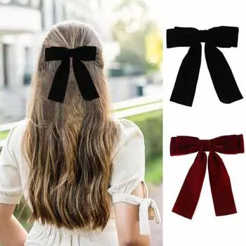 Бархатная заколка для волос с бантом, милая, элегантная, однотонная, для женщин, для девочек-подростков, черный, красный, с бантом, зажим с уткой, заколка, аксессуары для волос, подарок на день рождения чёрный