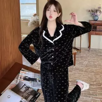 Бархатная женская пижама, новый комплект из 2 предметов, пижамные штаны, домашняя одежда, осенне-зимняя домашняя одежда из бархата с принтом, пижамное нижнее белье M