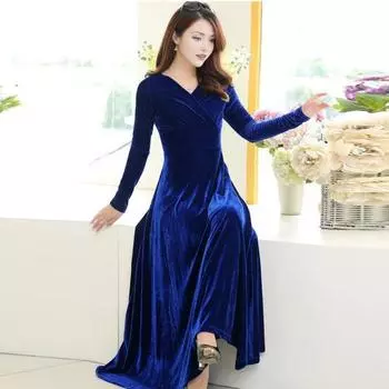 Бархатное макси-платье для женщин с V-образным вырезом, длинное вечернее платье до щиколотки, однотонное вечернее платье А-силуэта L вино красного