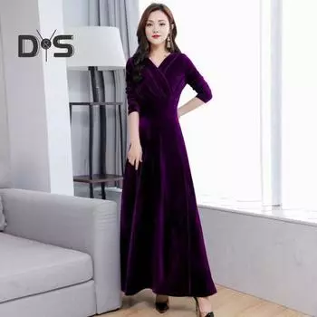 Бархатное макси-платье для женщин с V-образным вырезом, длинное платье до щиколотки, однотонное вечернее платье А-силуэта для свадебной коктейльной вечеринки L фиолетовый
