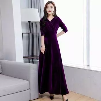 Бархатное макси-платье для женщин с V-образным вырезом, длинное платье до щиколотки, однотонное вечернее платье А-силуэта для свадебной коктейльной вечеринки L вино красного
