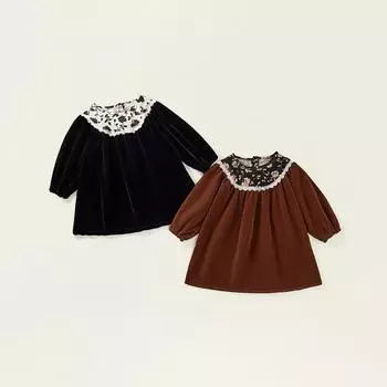 Бархатное платье для девочек 2024 года, осеннее новое детское платье принцессы в корейском стиле с рукавами-фонариками в стиле ретро 130cm коричневый