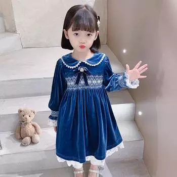 Бархатное платье для девочек, плотные платья принцессы Лолиты с вышивкой, детская мода, осенне-зимнее кружевное платье с воротником «Питер Пэн», детская одежда 4T красный