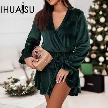 Бархатное платье IHUASU со шнуровкой и длинными рукавами и роговыми рукавами S красный