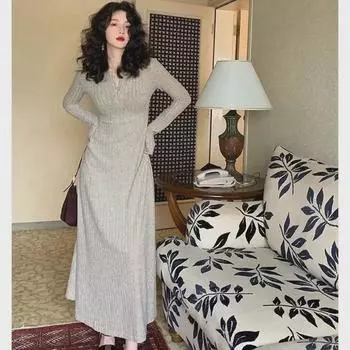 Бархатное платье-миди с V-образным вырезом во французском стиле - осень/зима в стиле ретро в корейском стиле L