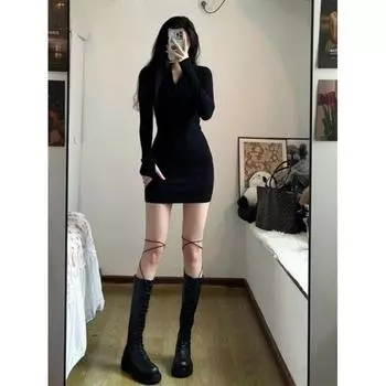 Бархатное платье облегающего кроя с длинным рукавом в корейском стиле - Женская теплая мини-юбка, приятная к коже M for 85-95 lbs