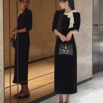 Бархатное платье с французским бантом в стиле Хепберн для женщин - Осень/Зима M чёрный