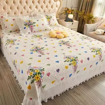 Бархатное покрывало с цветочным принтом для двуспальной кровати размера «queen-size», шифоновая мягкая простыня с 2 наволочками для женщин и девочек, теплая Only 2pcs pillowcase синий