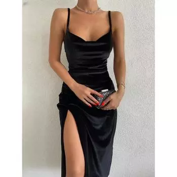 Бархатное сексуальное платье макси без рукавов с разрезом, новинка 2023, модное вечернее женское элегантное уличное платье Y2K, повседневное платье S чёрный