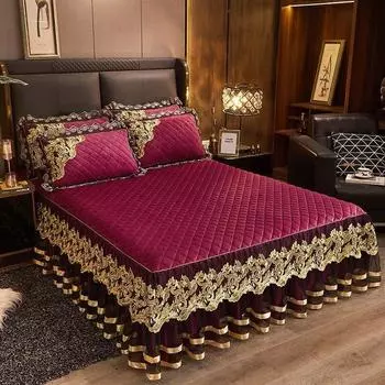 Бархатное стеганое покрывало с золотой вышивкой, плотное покрывало размера «queen-size», мягкая теплая кружевная юбка с рюшами, 2 наволочки, 200x220, зеленый 150x200cm 59x79inch